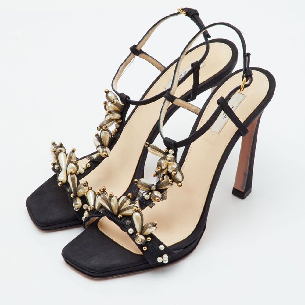Prada Size 40.5 Black Fabric Embellished Ankle Strap Sandals - Picture 2 of 7